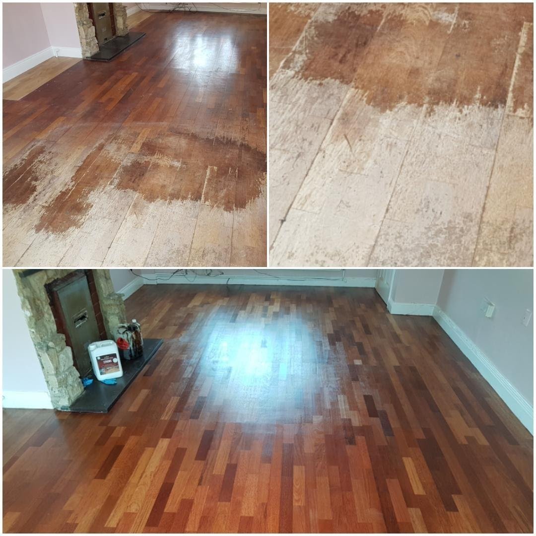 Before and after of a floor sanding and polishing project.