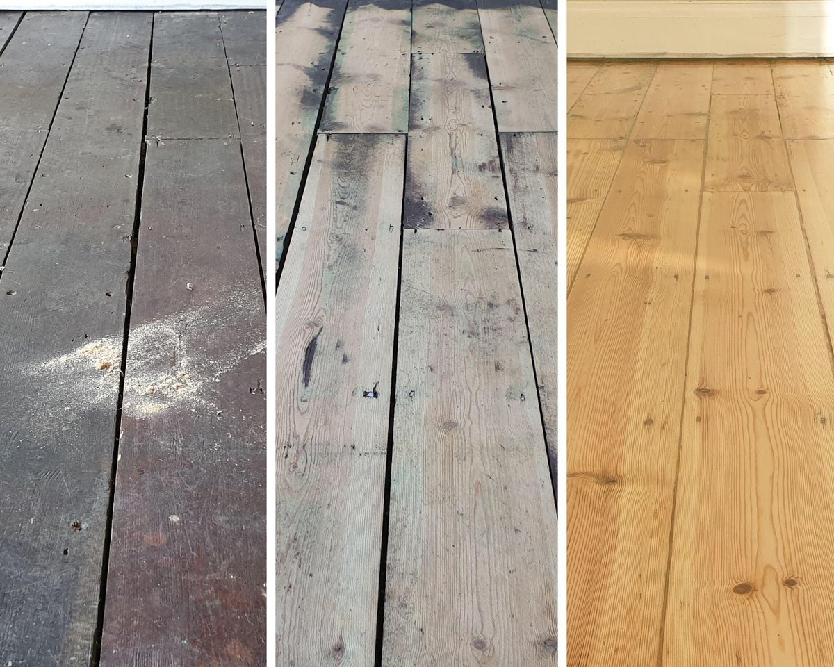 Before, during, and after shots of floor restoration.