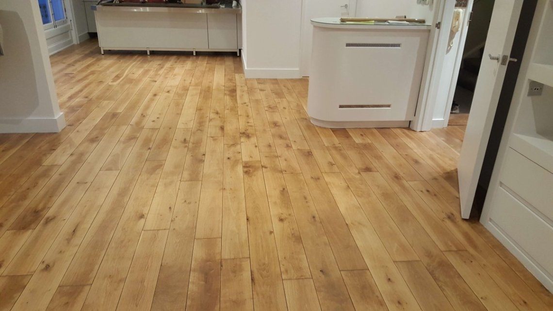Finished wood flooring in a kitchen