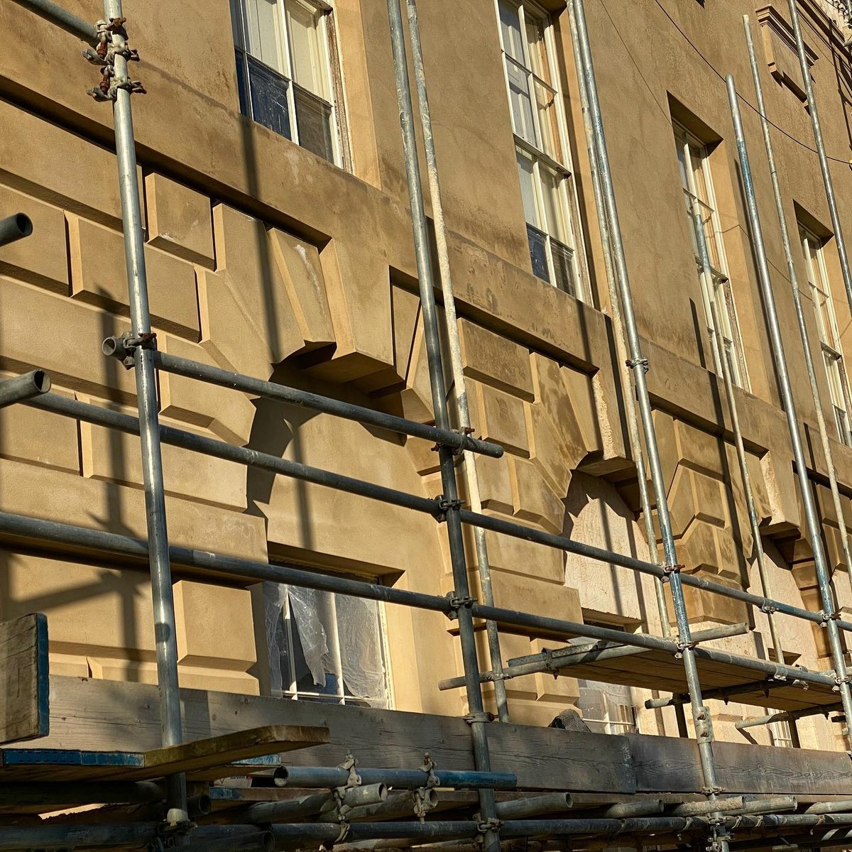 Close-up of restored brickwork and stonework.