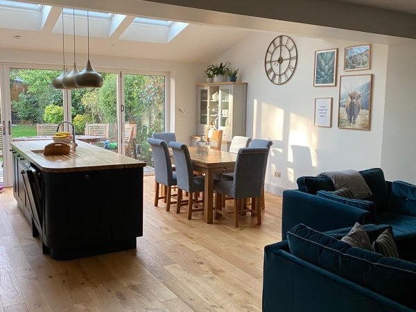 Open plan kitchen and dining area with modern finishes.