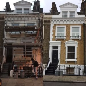 Before and after of a building renovation, showcasing brickwork and repointing.