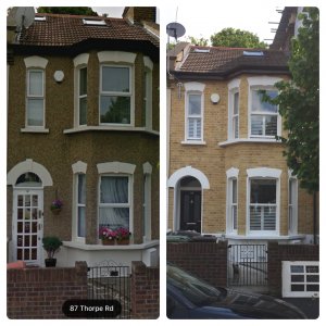 Before and after of a building renovation, showcasing brickwork and repointing.