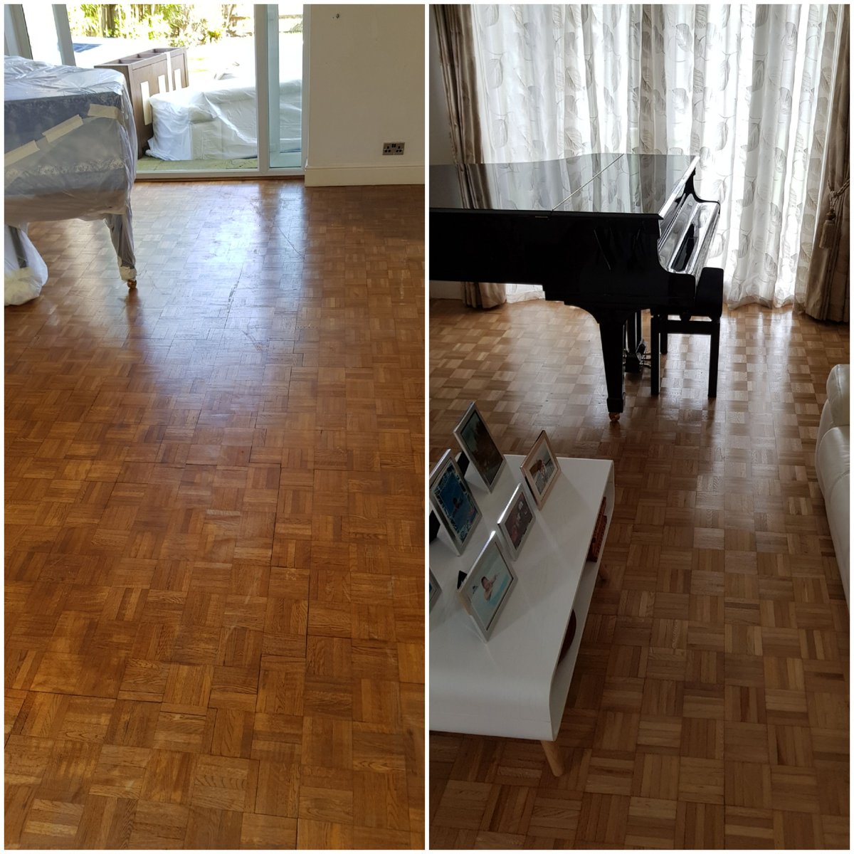 Before and after of a parquet wood floor refinishing project.
