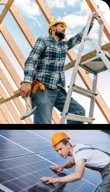 Two workers, one on a roof frame and another installing solar panels.