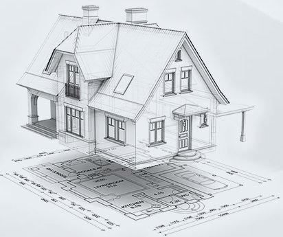 Architectural drawing of a house with floor plan.