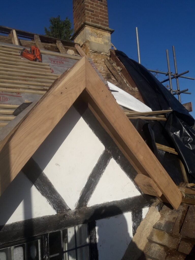 Timber frame construction on a period home roof.