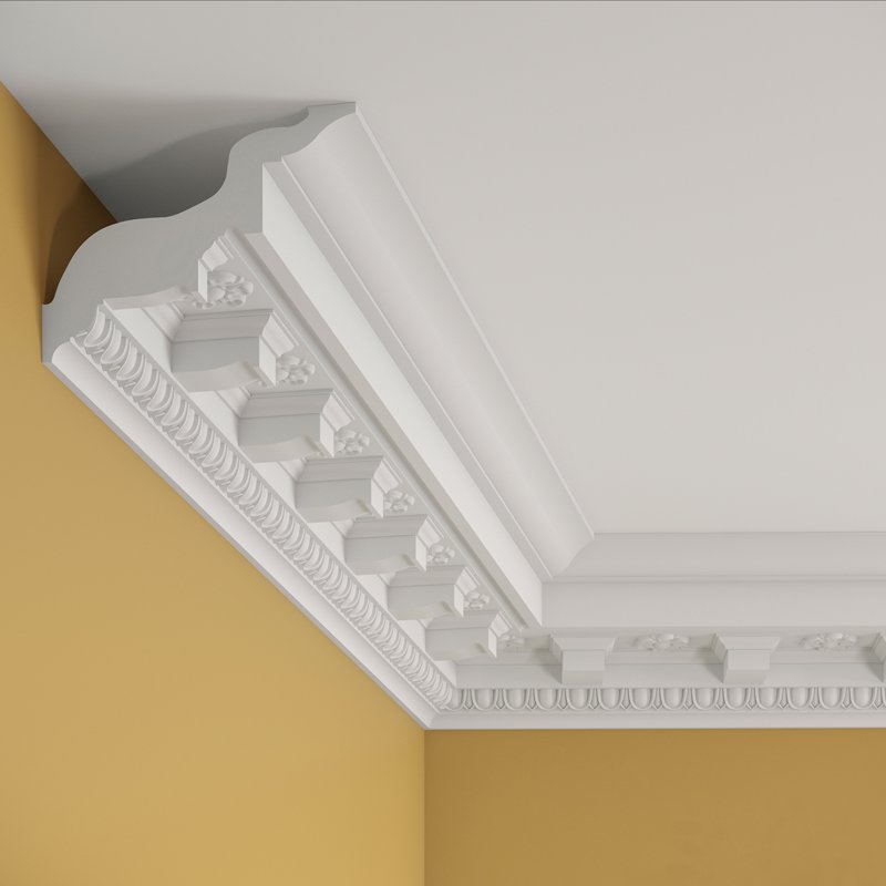 Plaster moulding detail on a ceiling corner.