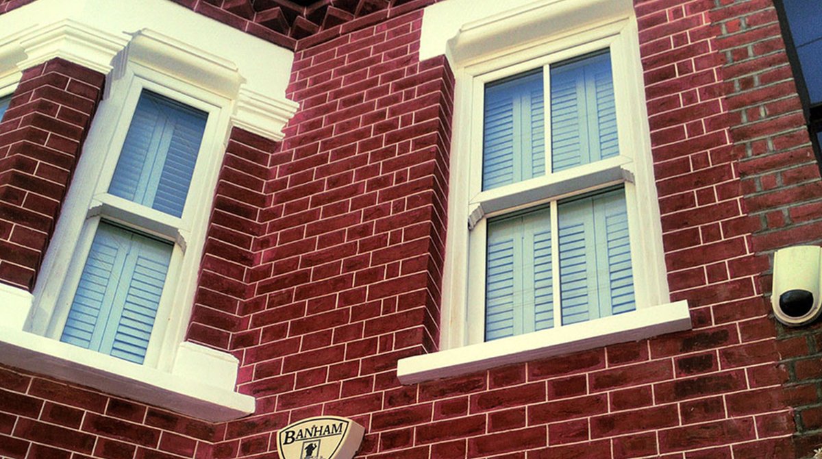 Close-up of restored brickwork with windows