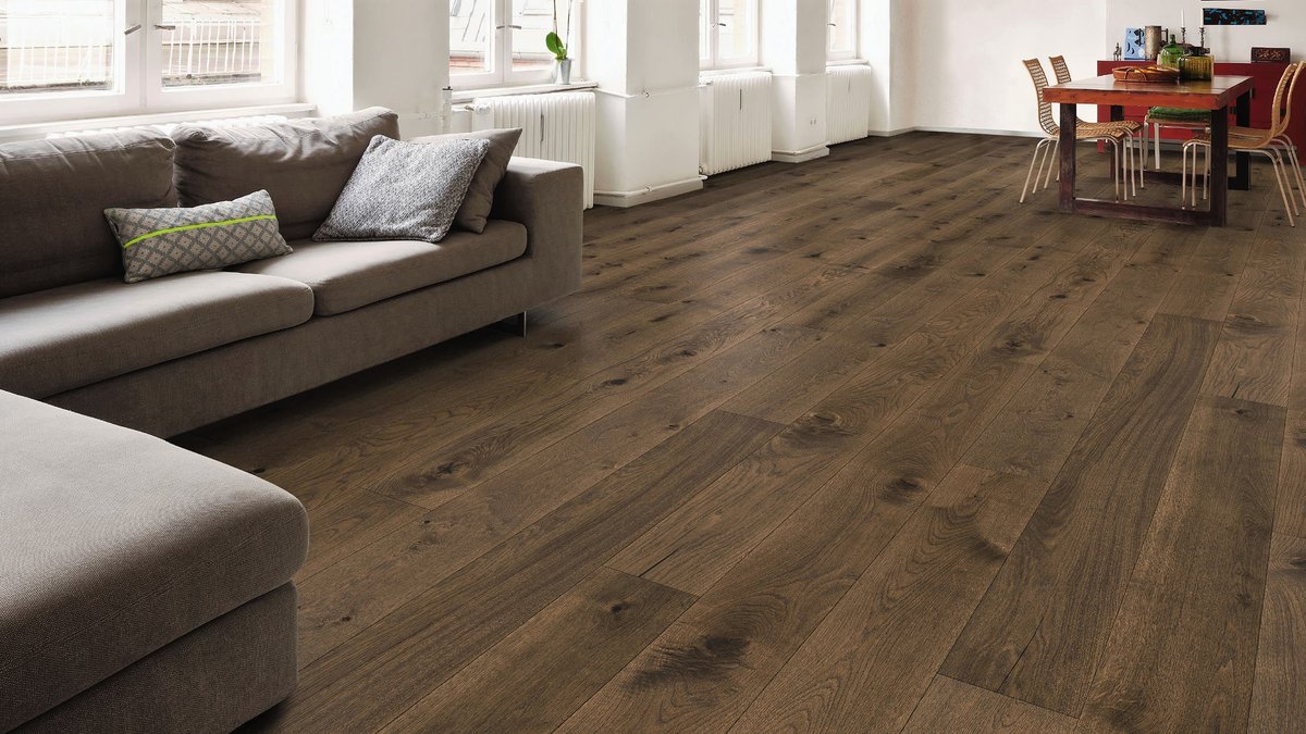 Living room with newly installed wood flooring.