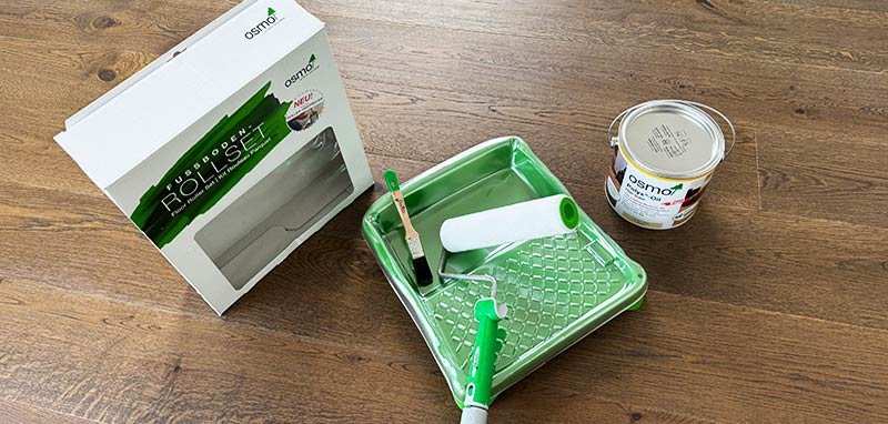 Finishing products and tools on a newly finished floor.