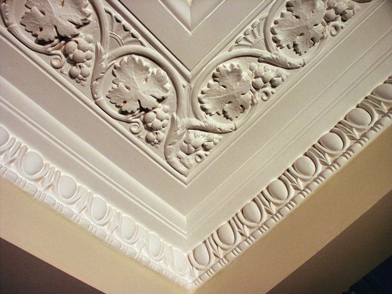 Detailed view of plaster cornice with leaf and grape design.
