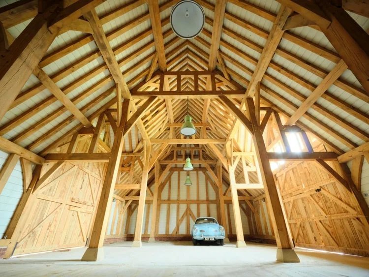 Large oak frame building interior