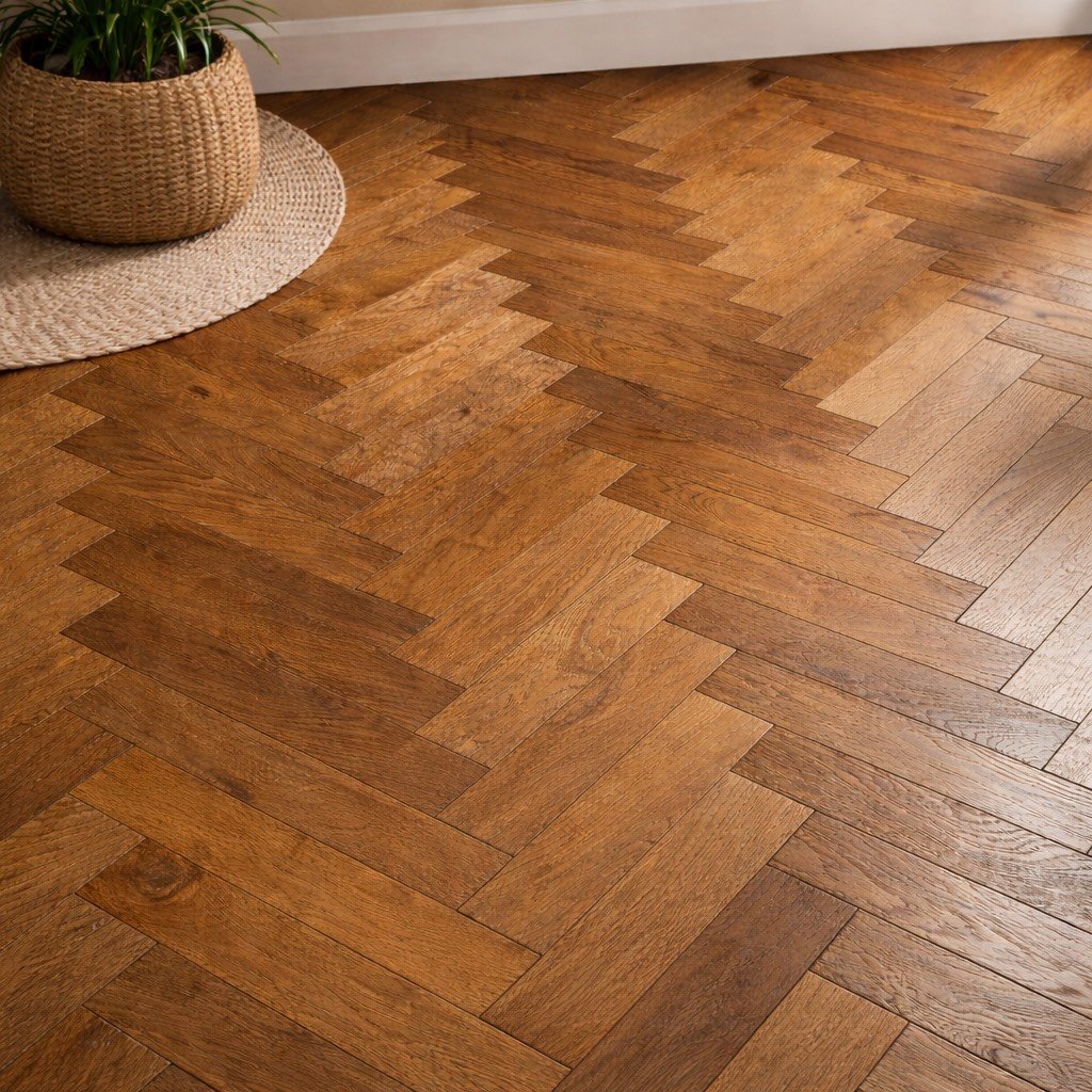 Close-up of a herringbone wood floor with a polished finish.