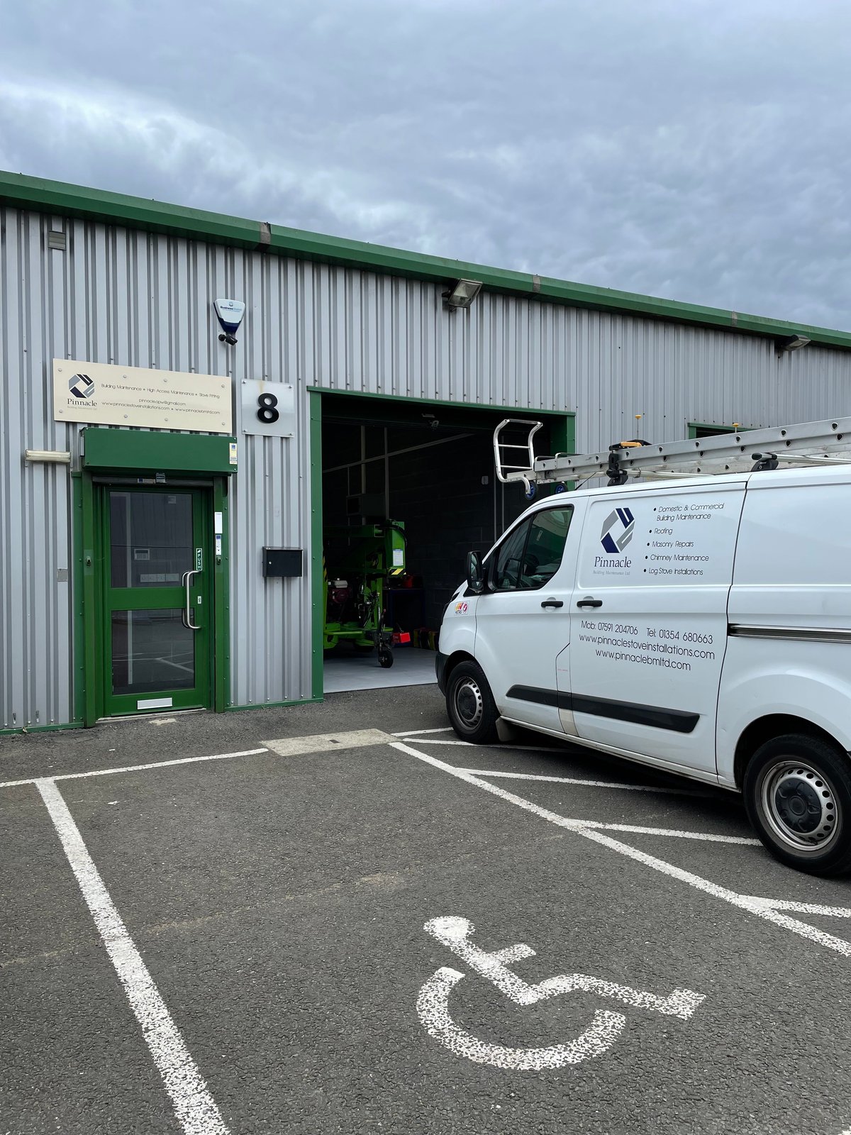 Company building and van