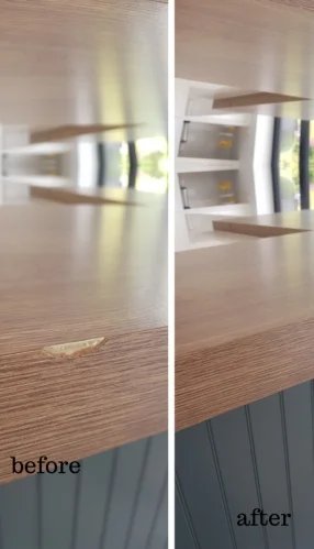 Before and after shot of wood surface scratch repair