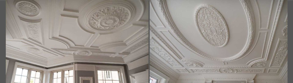 Detailed plaster ceiling designs, showcasing craftsmanship.