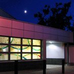 Modern building exterior at night