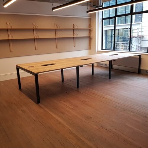 Finished wood floor in an office space.