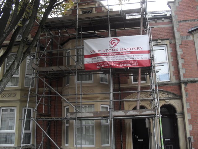 Period home under restoration with Vale Stone Masonry banner.