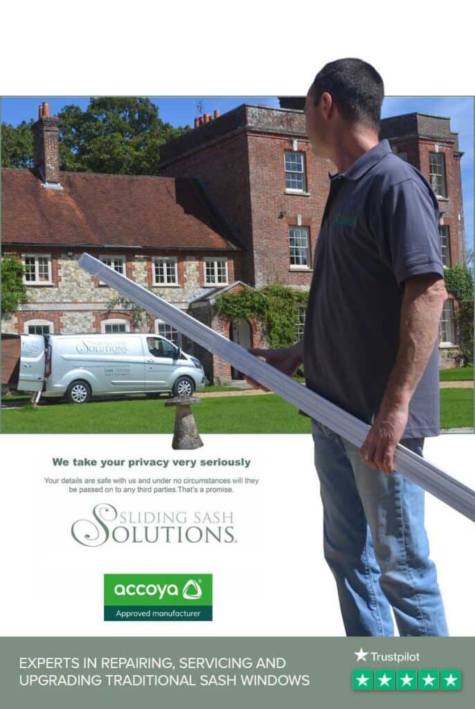 Man holding window component in front of a period home and company van, with branding and text about services.