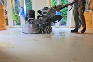 Stone floor polishing machine in use