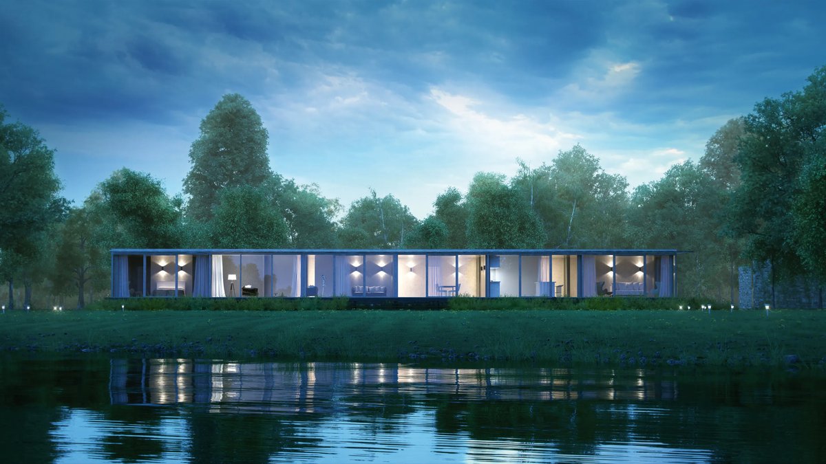 Modern house design with lake view.