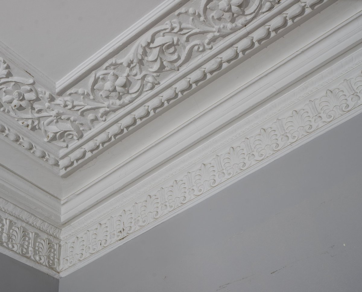 Detailed cornice and coving work, showcasing plastering skills.
