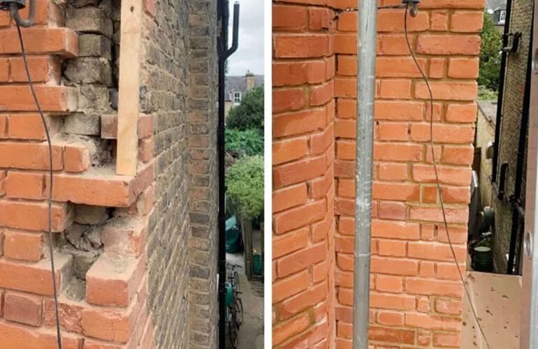 Before and after brick repair work.
