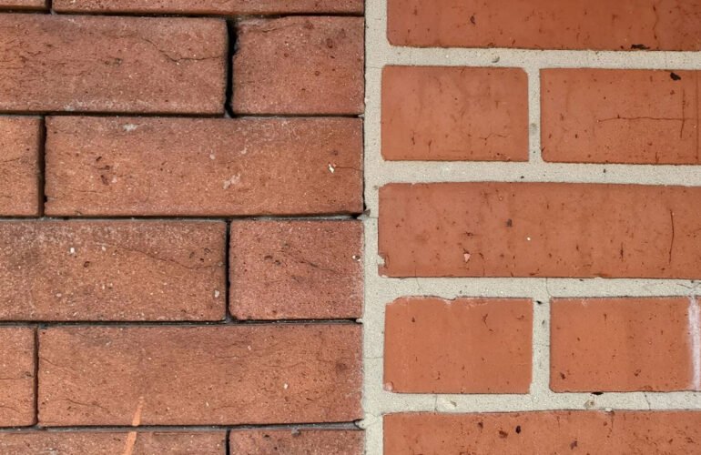 Close-up of before and after brick pointing work.