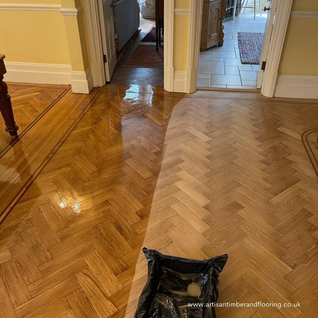Herringbone flooring before and after renovation.