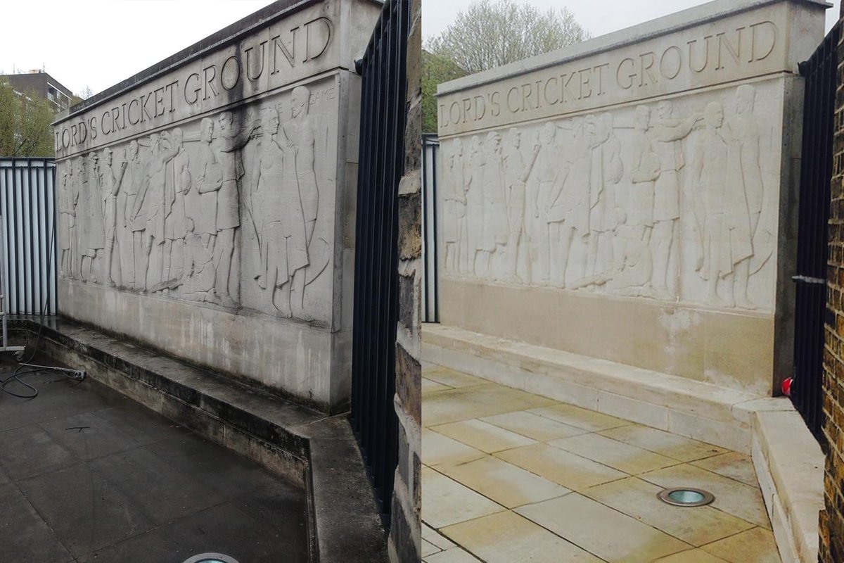 Before and after of the Lord's Cricket Ground wall restoration, showing cleaning and restoration of the stone.
